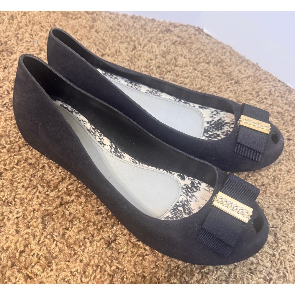 Melissa X Jason Wu Black flocked Peep Toe Bow Flats Shoes Jelly Womens Size 10